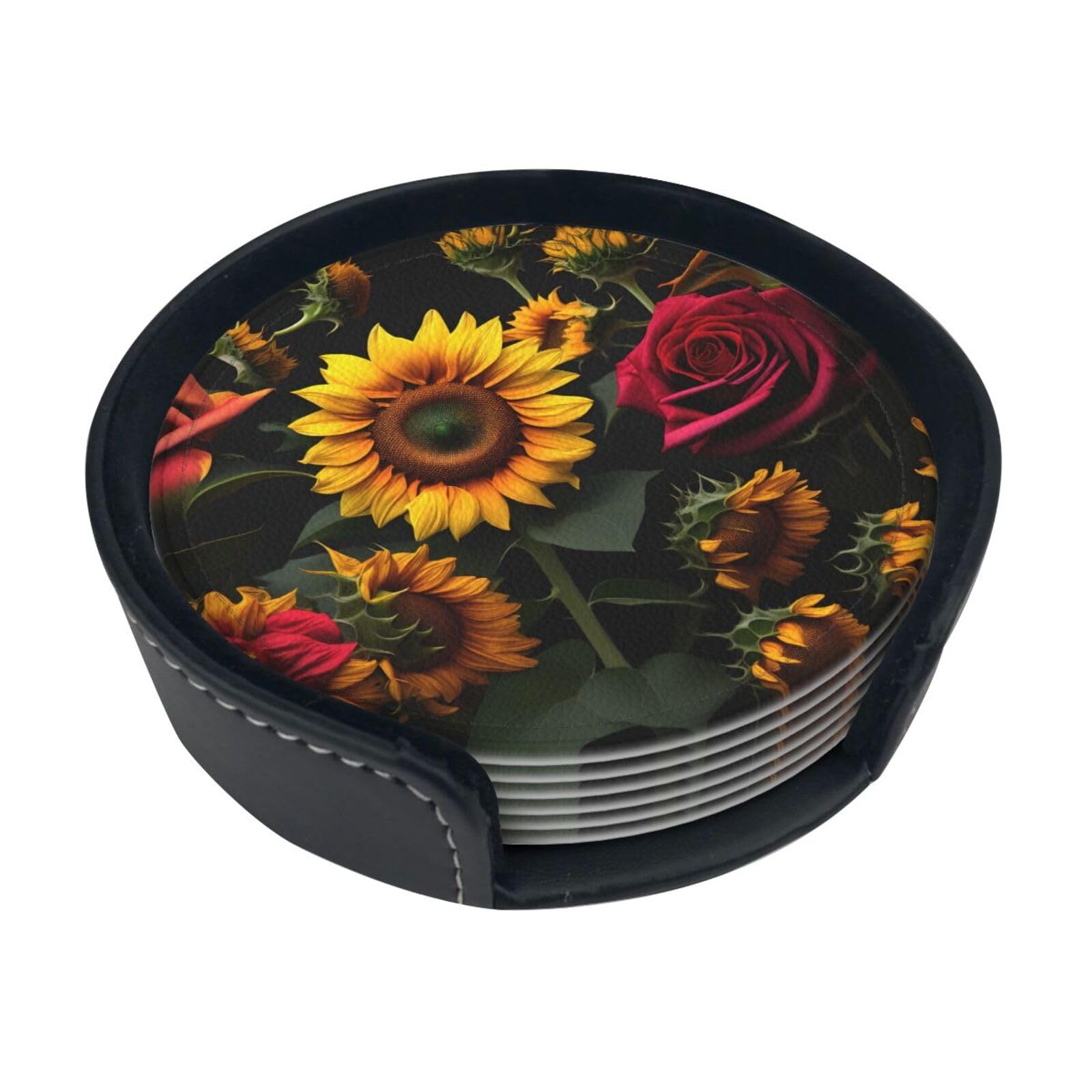 Sunflower Rose Print Round Coasters Set Of 6,Coaster For Tabletop Protection Home Bar Decor