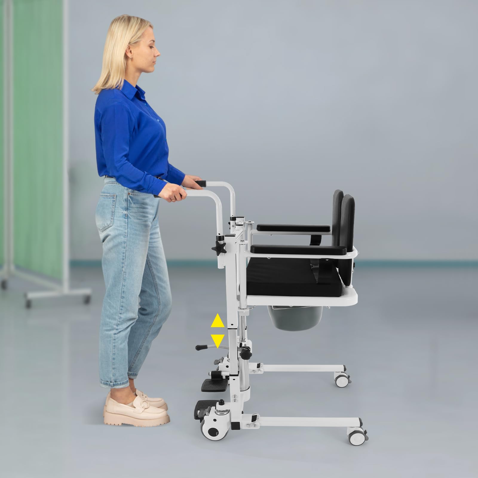Podnośnik dla pacjentów, antypoślizgowy, hydrauliczny podnośnik dla seniorów z blatem i wiadrem toaletowym, z regulacją wysokości, krzesło transferowe dla seniorów i kobiet w ciąży, do 150 kg