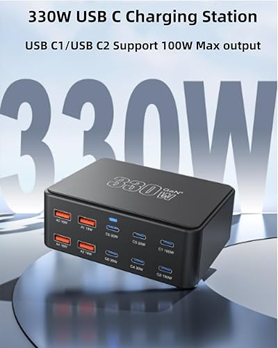 Miniatura 2 de Estación de carga USB C de 330 W, cargador USB C, 10 puertos de alimentación para múltiples dispositivos con PD 100 W, 65 W, 30 W, QC3.0, 18 W,
