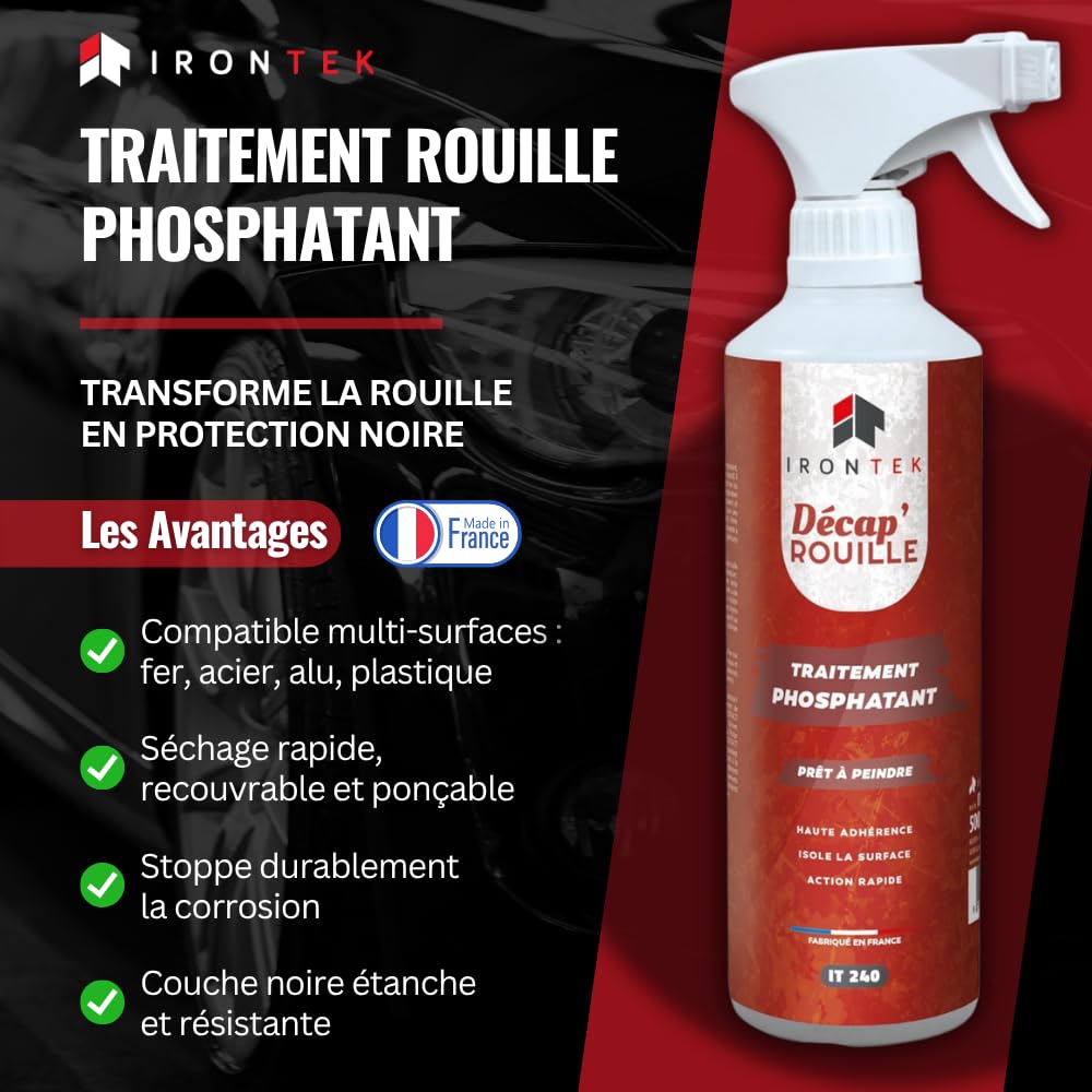 Anti-Rouille Phosphatant 500ml - IRONTEK | IT240 | Spray Stop-Rouille Action Rapide | Convertisseur Rouille Métal | Séchage Rapide 2-3min | Recouvrable Peinture | Intérieur et Extérieur