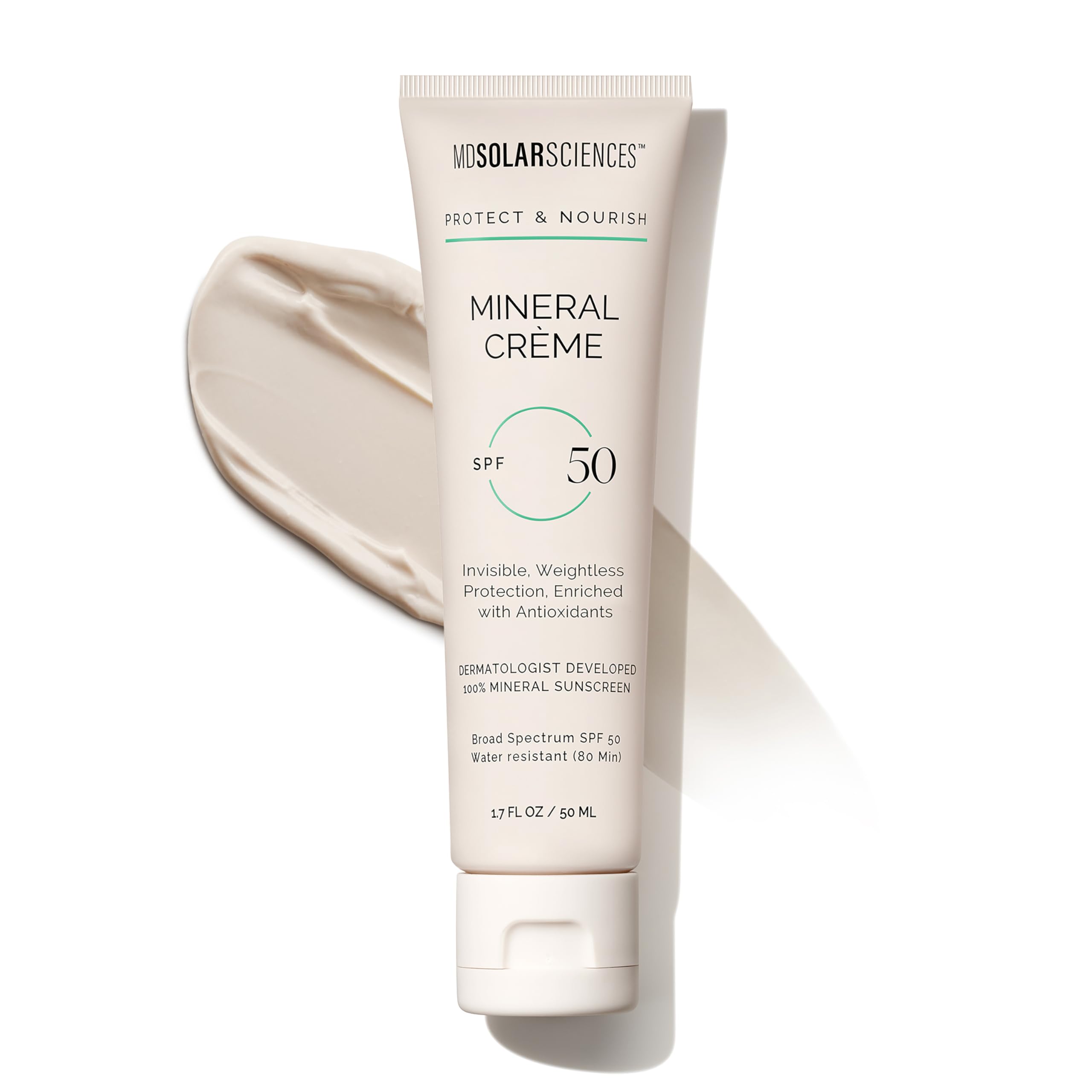 MDSolarSciencesMineral Creme SPF 50 - UV Resistant, Hydrating Mineral Cream - Daily Use Sun Defense And Skin-Boosting, Vitamin-Infused, Reef-Safe Formula - Vegan, Oil Free and Unscented - 1.7 oz