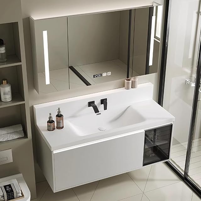 Led Illuminated Bathroom Cabinet with Smart Mirror 100Cm Grey Wall-Mounted Vanity Unit with Sink Modern Space-Saving Storage Solution