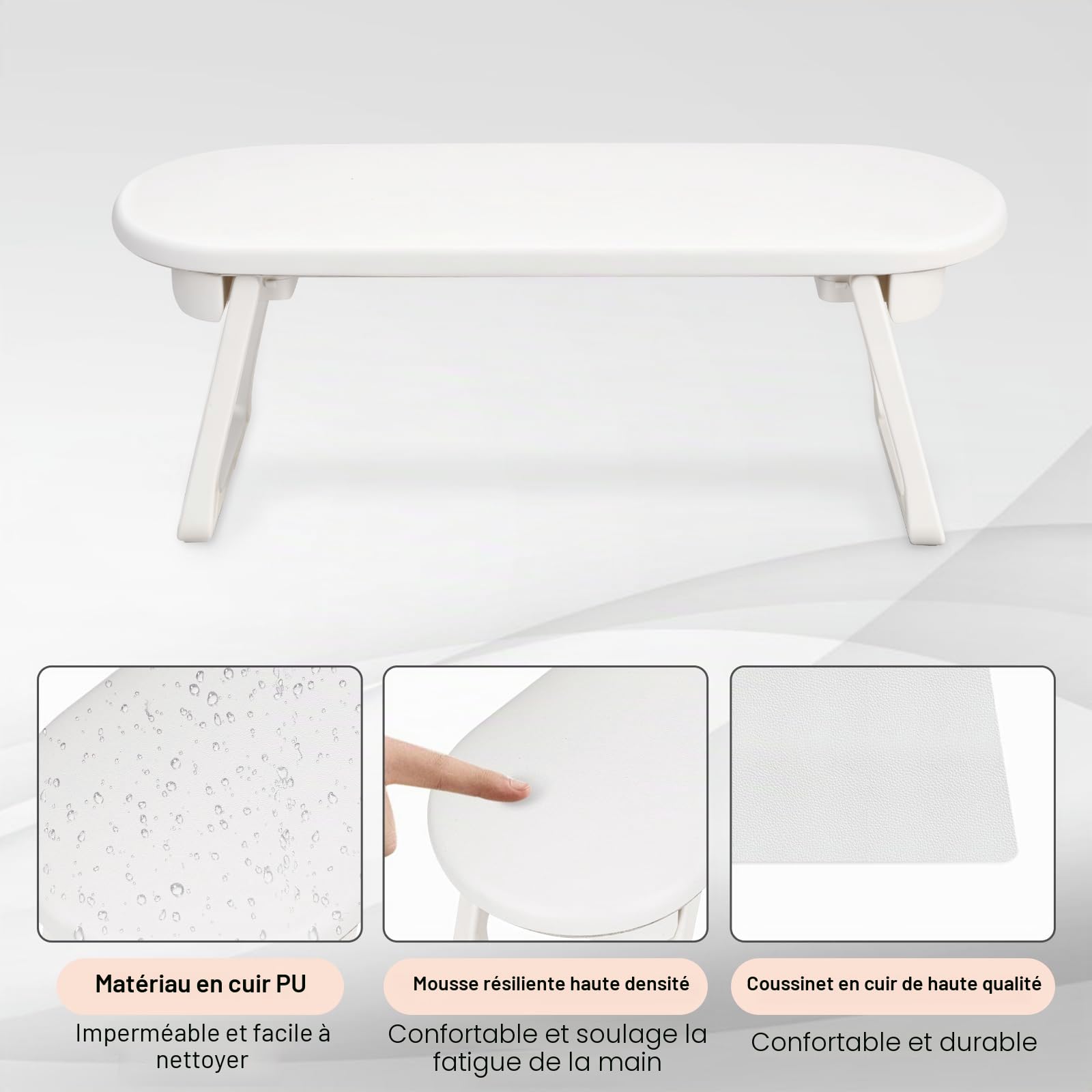 Repose Main Ongle Tapis,Repose Main Manucure Professionnel avec base anti-dérapante,coussin manucure repose main Pliable,coussin ongle repose main,design ergonomique pour salon et maison,Blanc