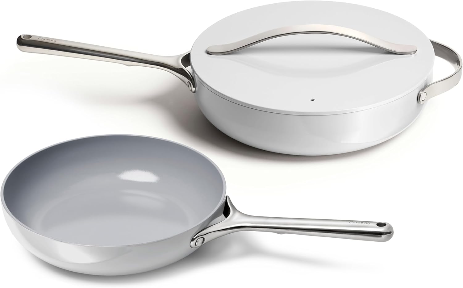 Caraway Fry Pan and Sauté Pan Duo - 10.5” Ceramic Frying Pan and 11.8” Deep Sauté Pan with Lid - Non Stick, Non Toxic, Oven Safe - Sage