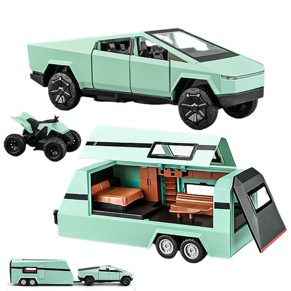 1/32 Pickup Trailer RV Model Kit, Off-Road Vehicle Alloy, Car Model Diecast Metal Toy, Truck Toy Simulation Sound Light, Birthday Gifts for Boy Girl Collectable (with RV All Green-B)