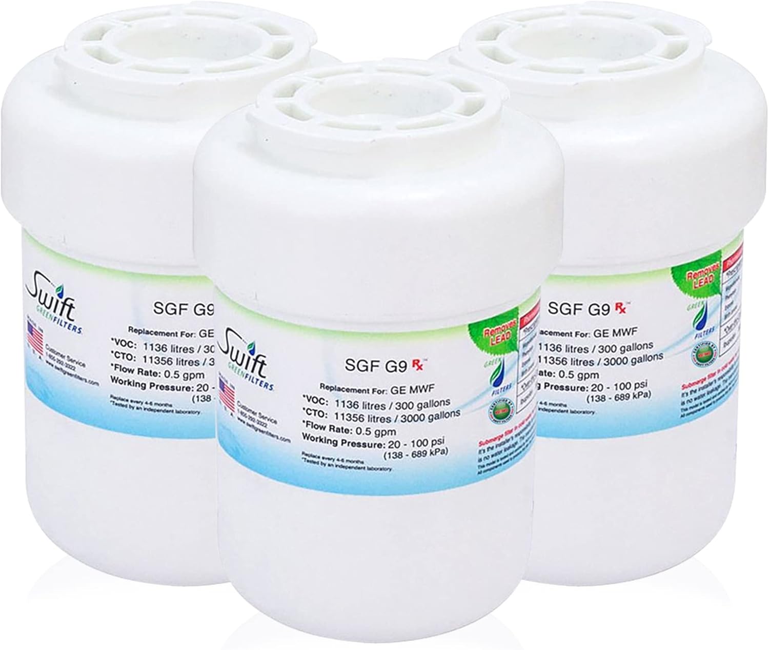 Swift Green Filters SGF-G9 Rx Compatible for MWF,WF287,46-9991,EFF-6013A,46-9905 Pharmaceuticals Refrigerator water Filter Made in USA (3 Pack)
