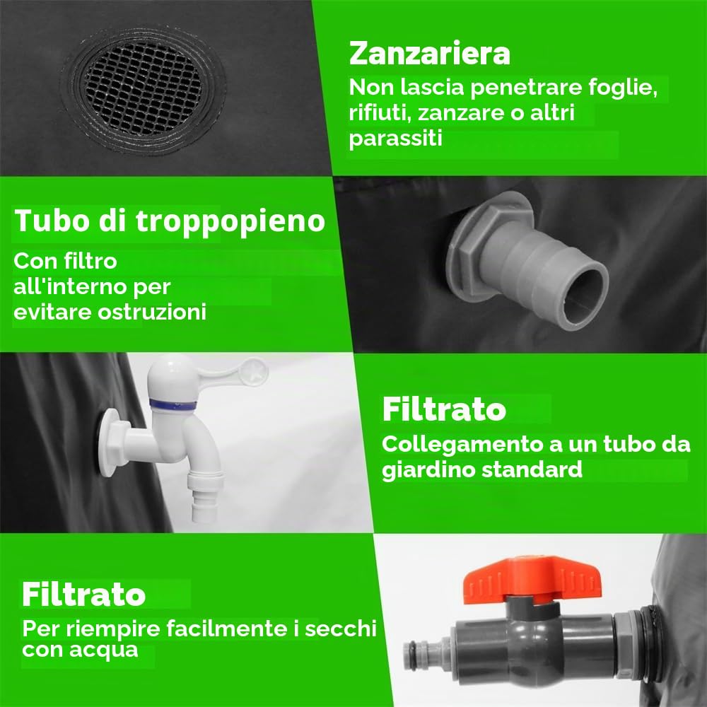 Melko - Raccoglitore di acqua piovana pieghevole da 500L con rubinetto di scarico, aste di supporto in PVC e tubo dell'acqua da 2 m - Serbatoio per acqua piovana mobile con protezione da trabocco e