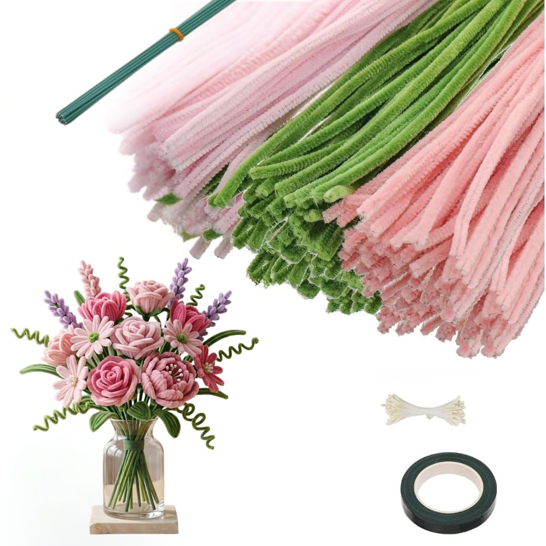 300 Pieces Pipe Cleaners for Crafts, 3 Colors (Pink, Light Pink, Green) – DIY Flower Making Kit with Floral Tape, Stems & Stamen – Soft Chenille Sticks for Kids Art, Decoration & Handmade Bouquet-image-14