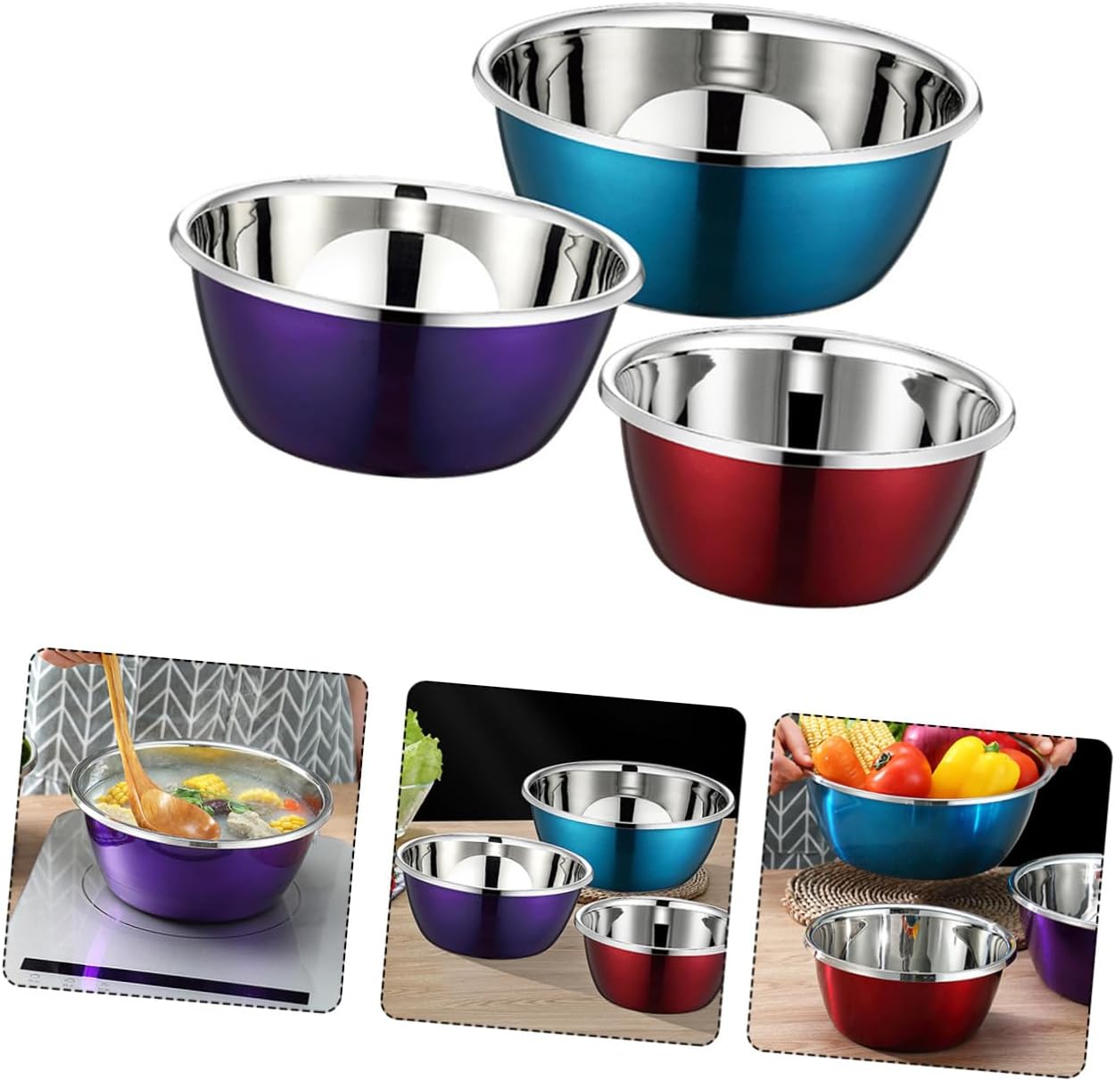 Mikinona 3pcs Stainless Steel Mixing Bowls Salad Mixing Bowls Lids Storage Containers