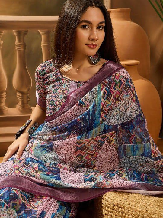 Women's Purple Cotton Geometric Print Saree, Multicolor, Casual and Festive Wear, with Blouse Piece