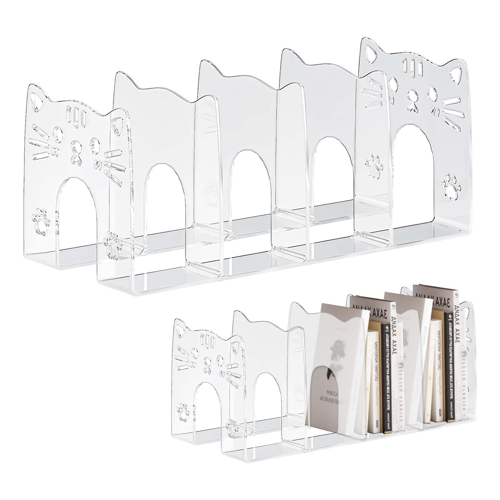 2 Pack Transparent Book Holder with Cute Cat Design, Large Capacity File Organiser Rack, Desktop Bookshelf for Office Home School Use, Thick Plastic Magazine File Holder & Folder Organiser