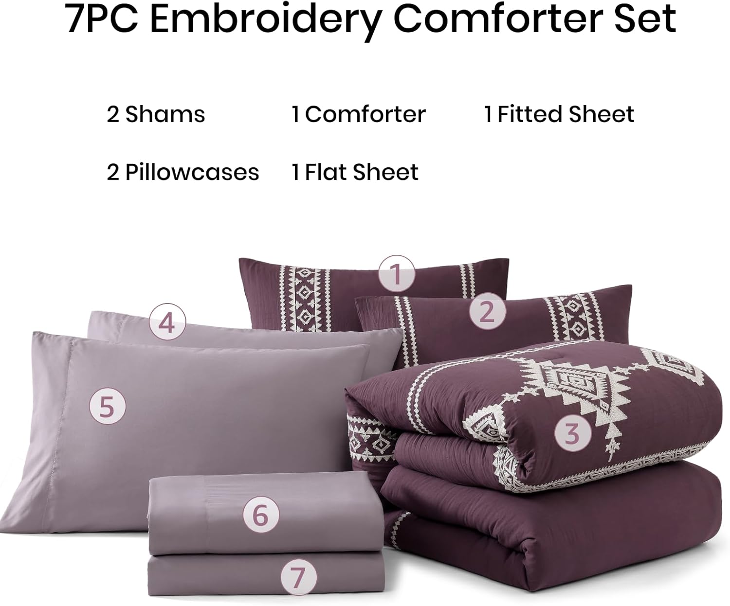 MaiRêve Embroidery King Size Comforter Set Purple, Boho Farmhouse Western Bedding Set 7 Pieces, All Season Bed in A Bag Comforter Set with Sheets, Pillowcases & Shams - Image 7
