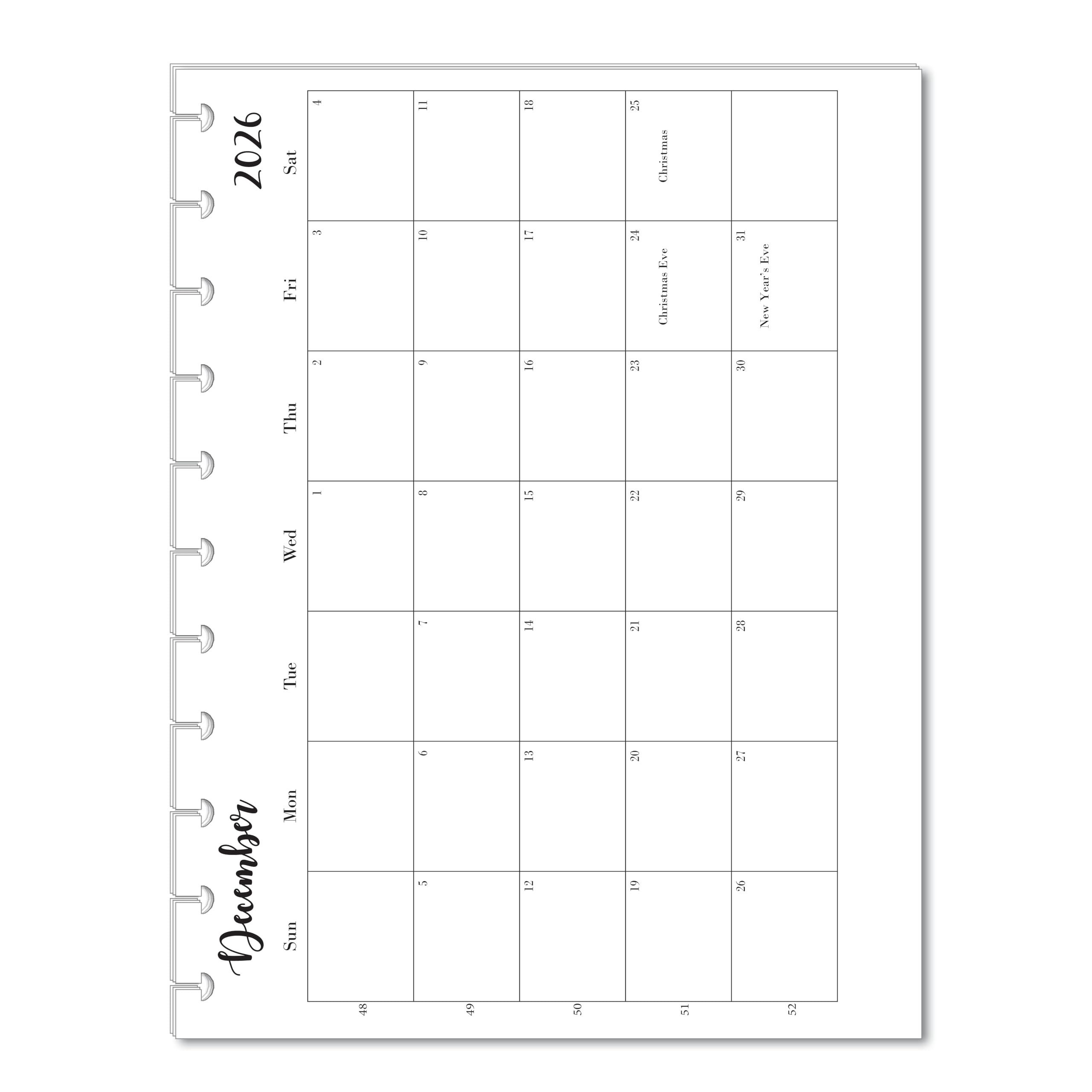 2026 Monthly Refills for 11-Disc Planners, Monthly Calendar for Big (Letter Size) Planners (11-Disc)