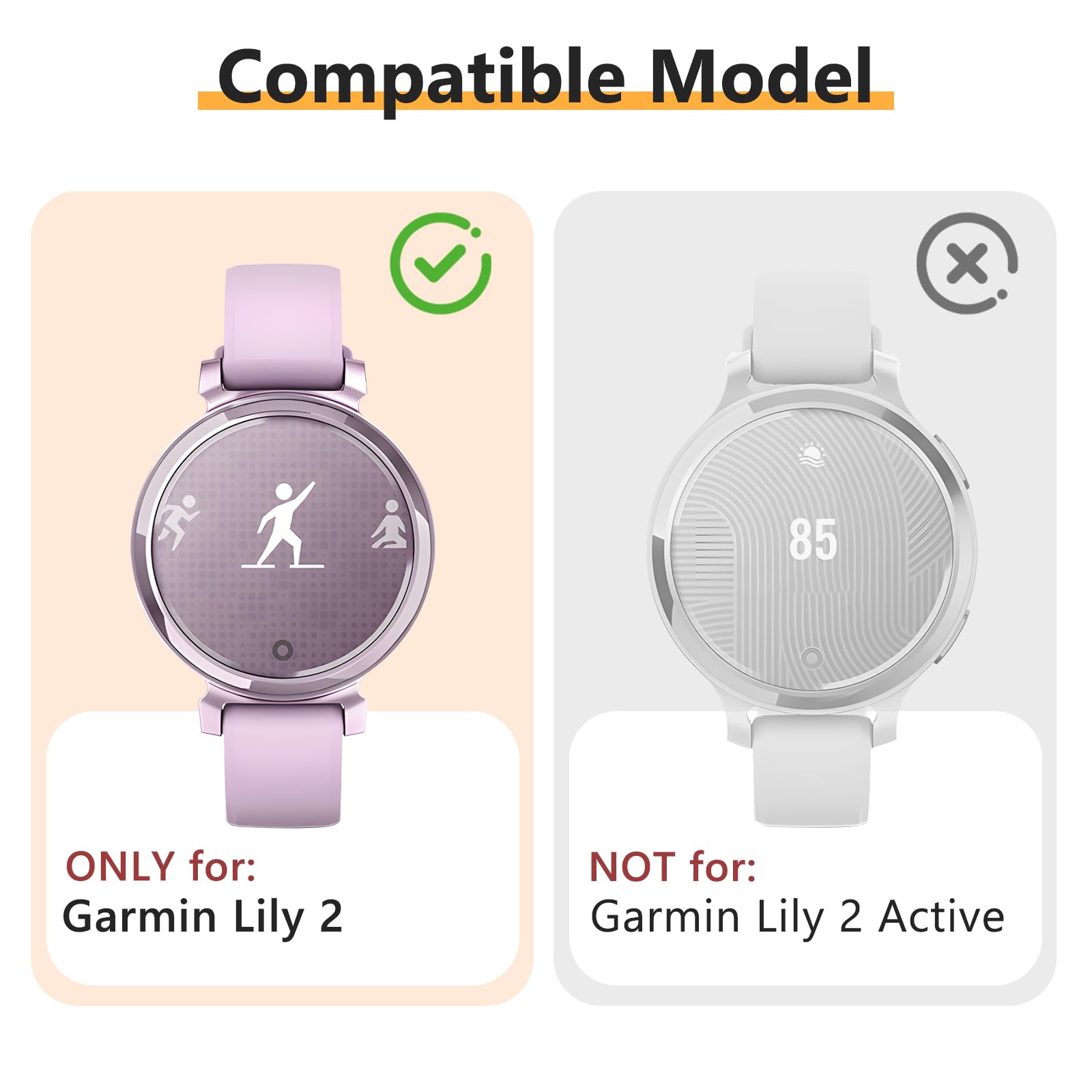 Lot de 2 coques de protection d'écran pour Garmin Lily 2, pare-chocs en polycarbonate rigide, couverture complète, accessoires de protection intégrés en verre trempé