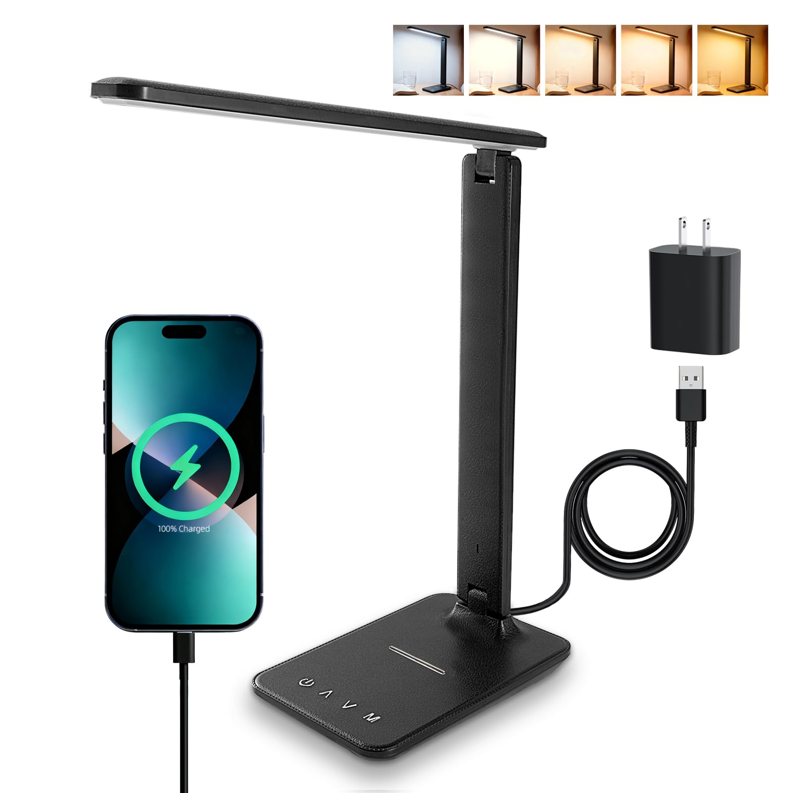 Schreibtischlampe, LED-Lampe mit USB-Ladeanschluss, Touch-Steuerung, 5 Farbmodi, 5 Helligkeitsstufen, augenschonende Tischlampe, LED-Leuchten für Schlafzimmer, Zuhause, Büro, Schwarz