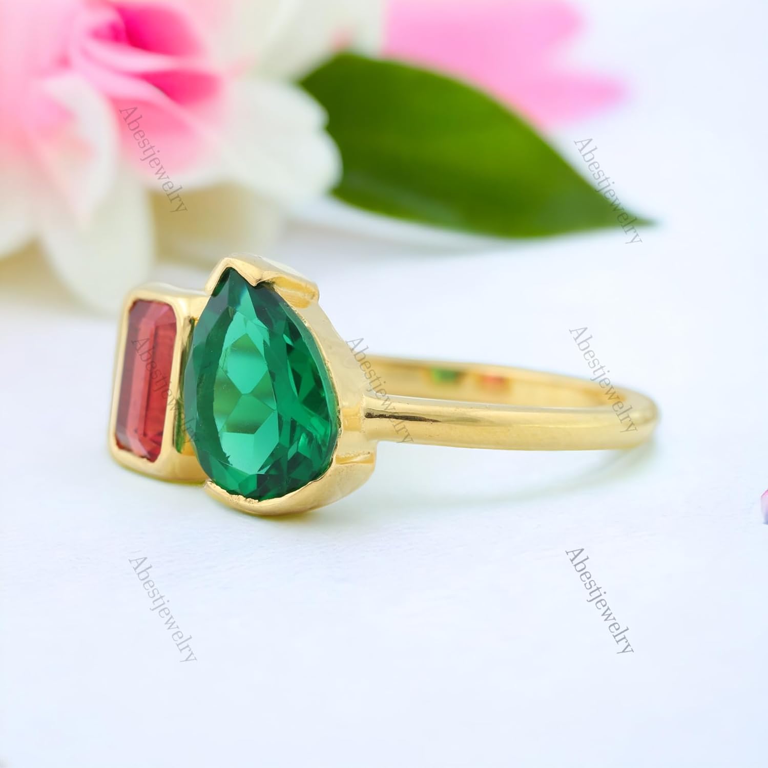 Emerald Ruby Ring Unique Birthstone Ring, two stone ring mother daughter ring family birthstone ring spouse dual birthstone ring toi et moi ring Engagement Promise Gift BY ABEST JEWELRY