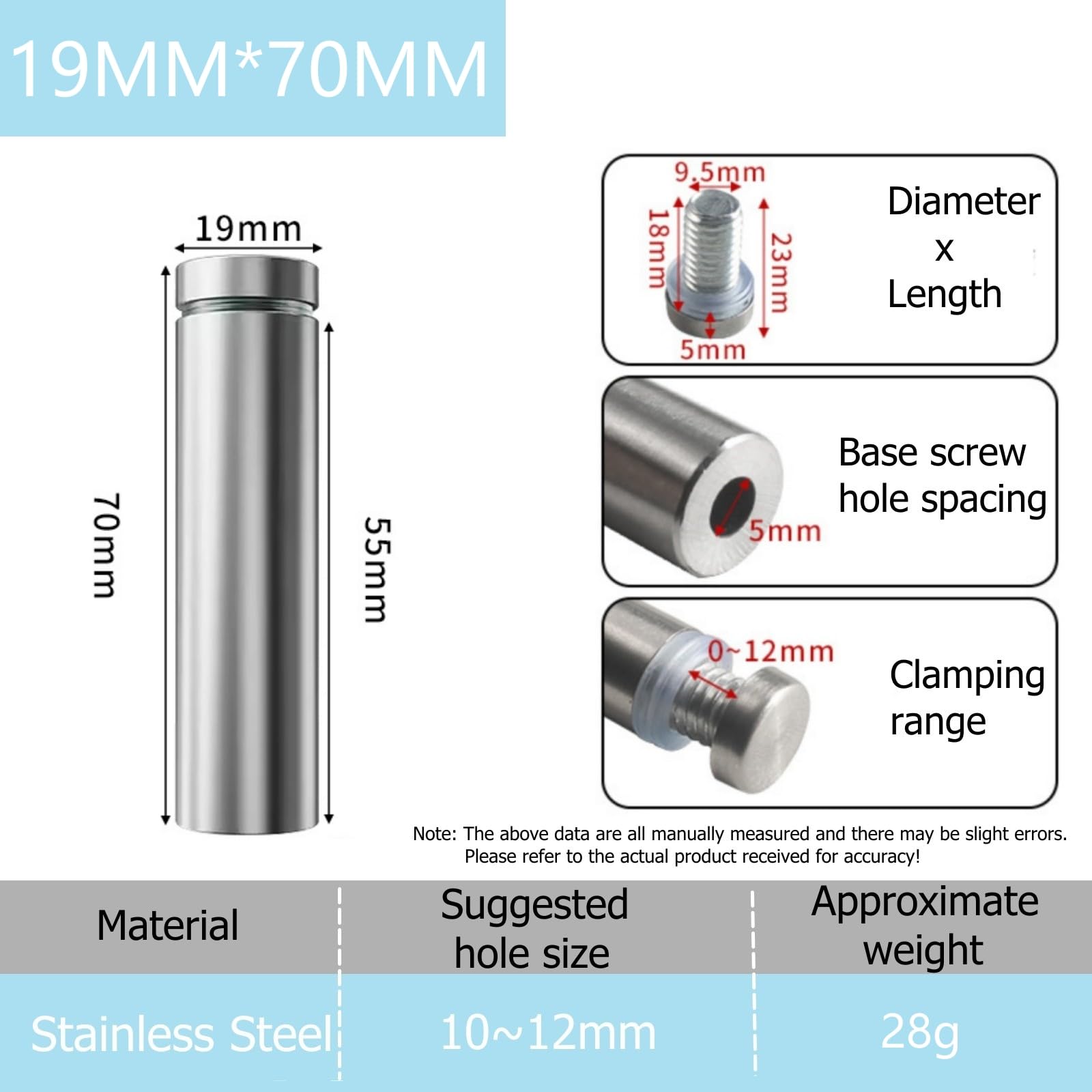 Entretoise de Verre,Entretoise Inox,Supports de Panneaux,Support Vis Publicité,Acier Inoxydable Publicité Vis (19x70 MM - 8 Pièces)