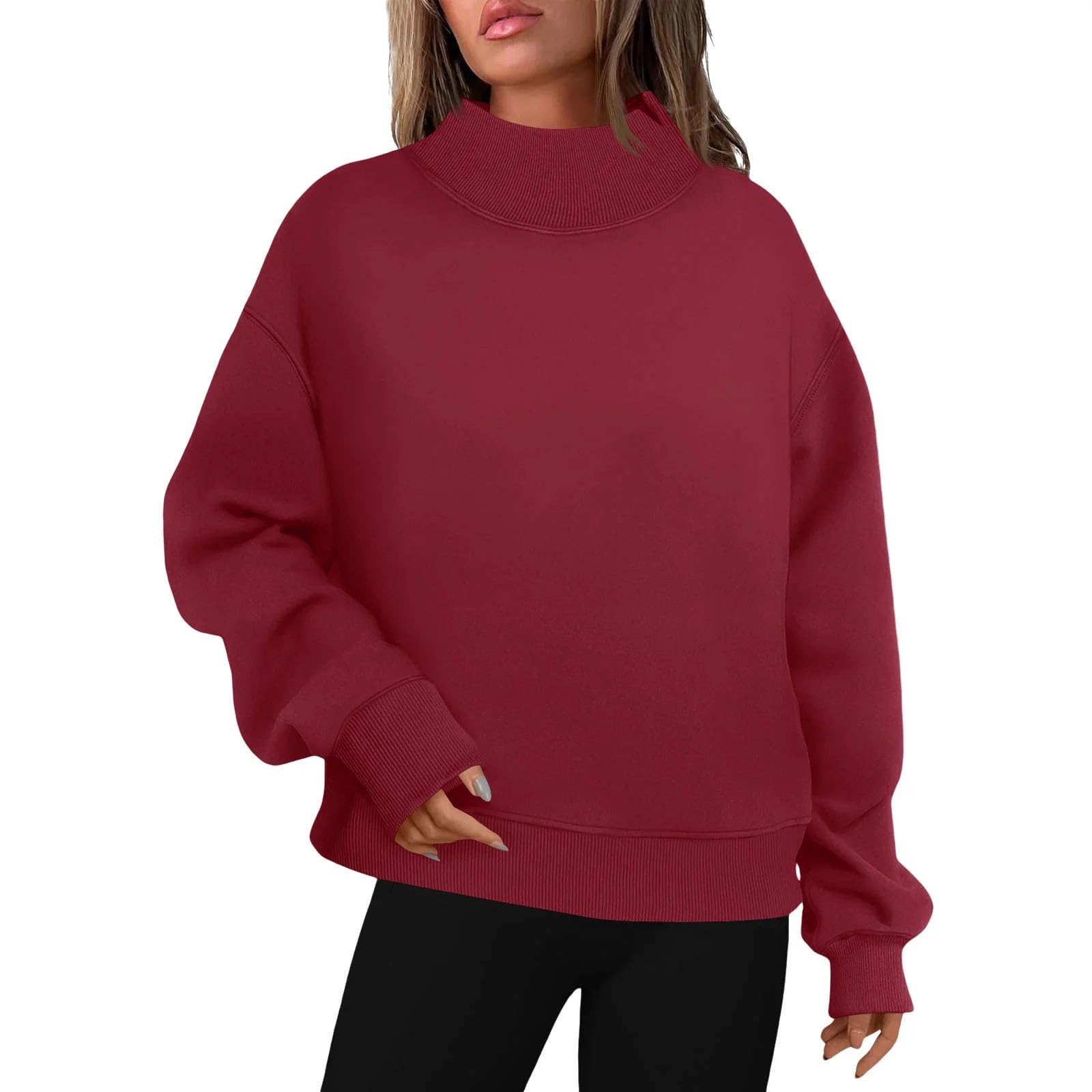 Jesienna bluza damska Oversize i lekka bluza z golfem (Burgundy, XL)