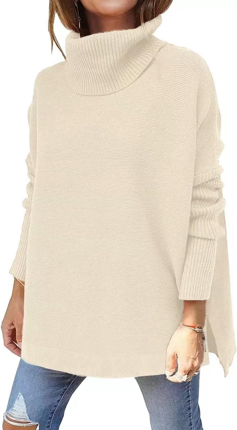 yoeasy Women's Turtleneck Oversized Long Batwing Sleeve Pullover Sweater Spilt Hem Knit Sweater
