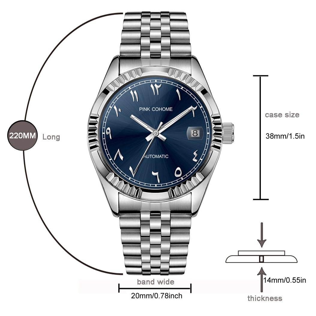 Boyarca Luxuriöse mechanische Stahluhr mit arabischen Ziffern, Automatikwerk, Urdu-Ziffern, 38mm Herrenarmbanduhr mit leuchtender, wasserdichter Datumsanzeige