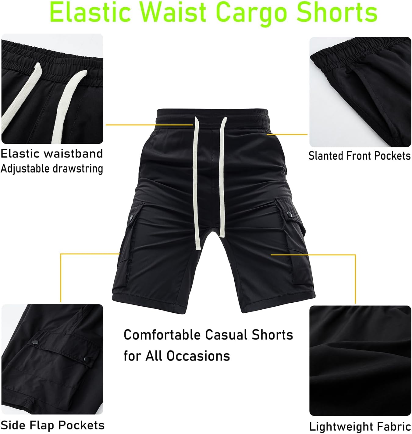 Men's Cargo Shorts Casual Comfortable Drawstring Elastic Waist Athletic Workout Hiking Outdoor Shorts with 5 Pockets