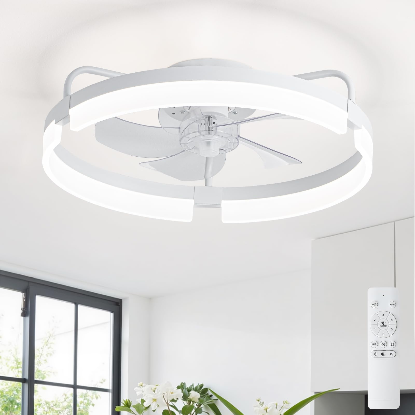 Deckenventilator 50cm Einbau DC-Motor Leiser Lampe mit Ventilator 6 Geschwindigkeiten Umkehrbarer 3-Farben-LED Dimmbarer Deckenlampe Ventilator für Schlafzimmer Esszimmer Wohnzimmer (weiß)