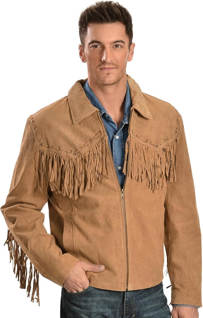Western Cowboy Suede Jacket Men Traditional Buckskin Native American Beaded Brown Real Leather Fringe Jacket