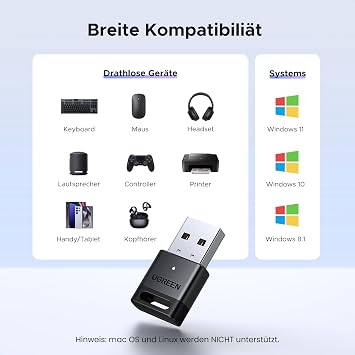 UGREEN Adapter Bluetooth 5.4 Dongle for PC USB Bluetooth Stick for Mouse Keyboard Headphones Mobile Phone Controller for Windows 11/10/8.1