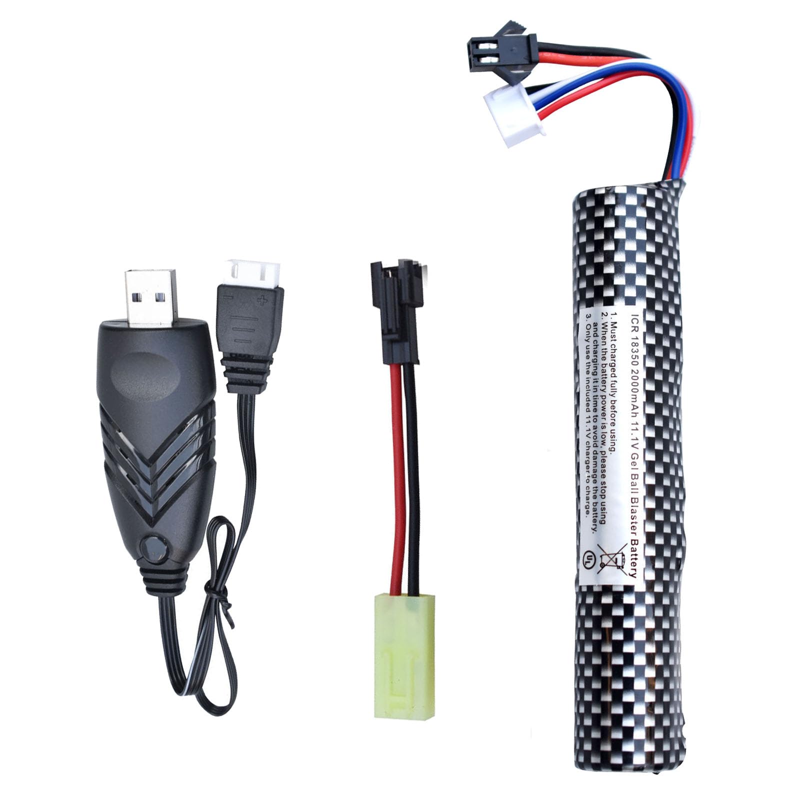 PTIJPOW Airsoft Gel Blaster Battery-11.1V 2000mAh Gel Blaster Battery with USB Charger,Rechargeable Water Bead Splatter Ball Batteries with Mini Tamiya to SM2P Charger Cable(1Pack)