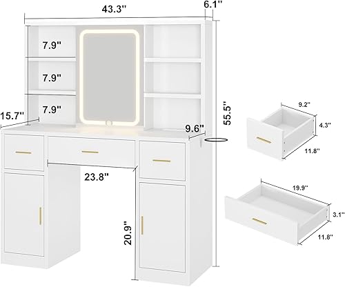 Miniatura 2 de Escritorio de tocador con espejo deslizante y luces LED, mesa de maquillaje inteligente con estación de carga, soporte para secador de pelo, 7