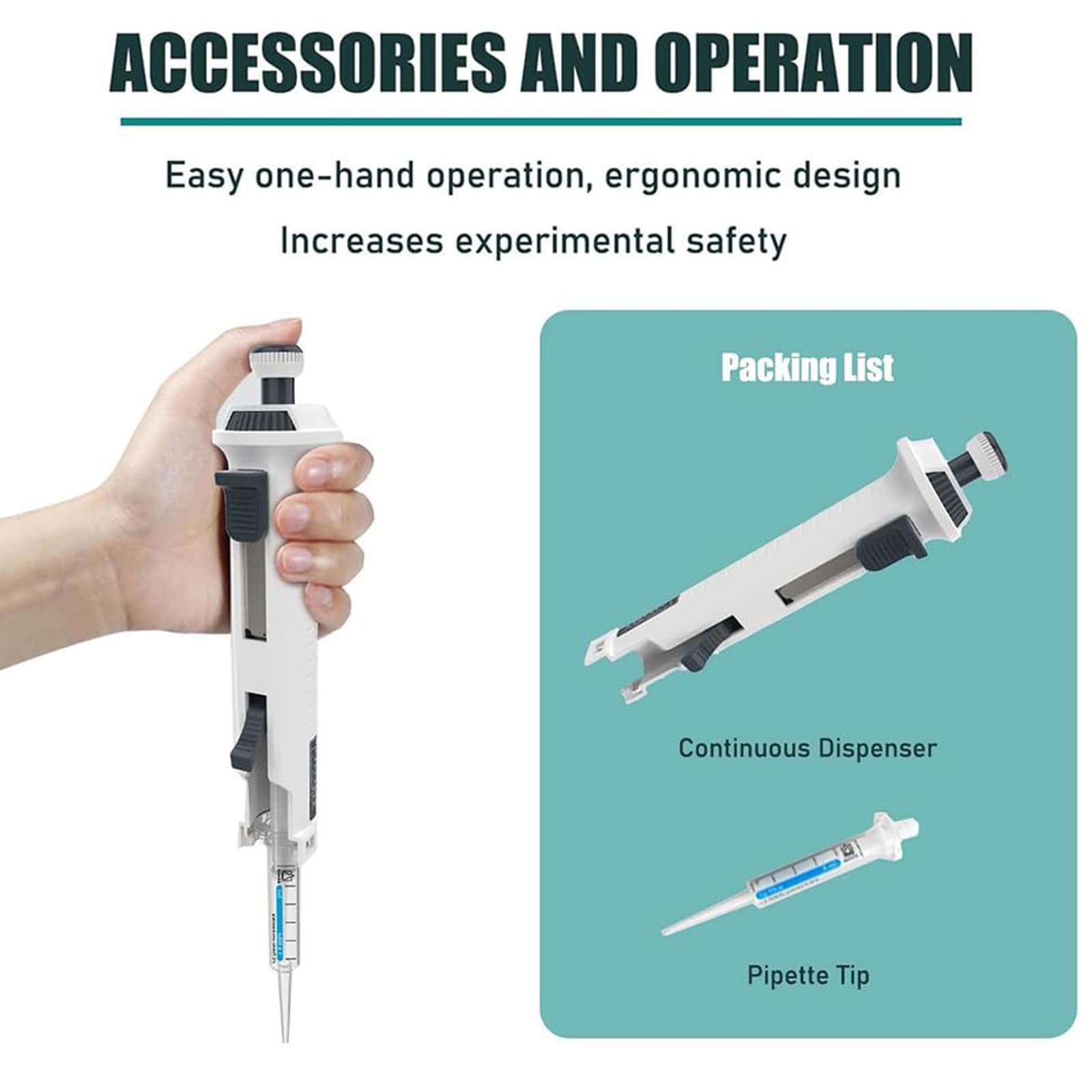Dozownik Pipety Ciągłej Z 5 Stopniami, Jednokanałowa Pipeta Wysokiej Precyzji 0,5-50 ml, Zestaw 5 Końcówek(0.5ml/5ml/25ml/50ml), Ergonomiczny Pipetor Laboratoryjny