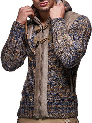 Leif Nelson LN20525 Men's Knit Zip-up Jacket with Geometric Patterns and Leather Accents, Size US XXL, Brown