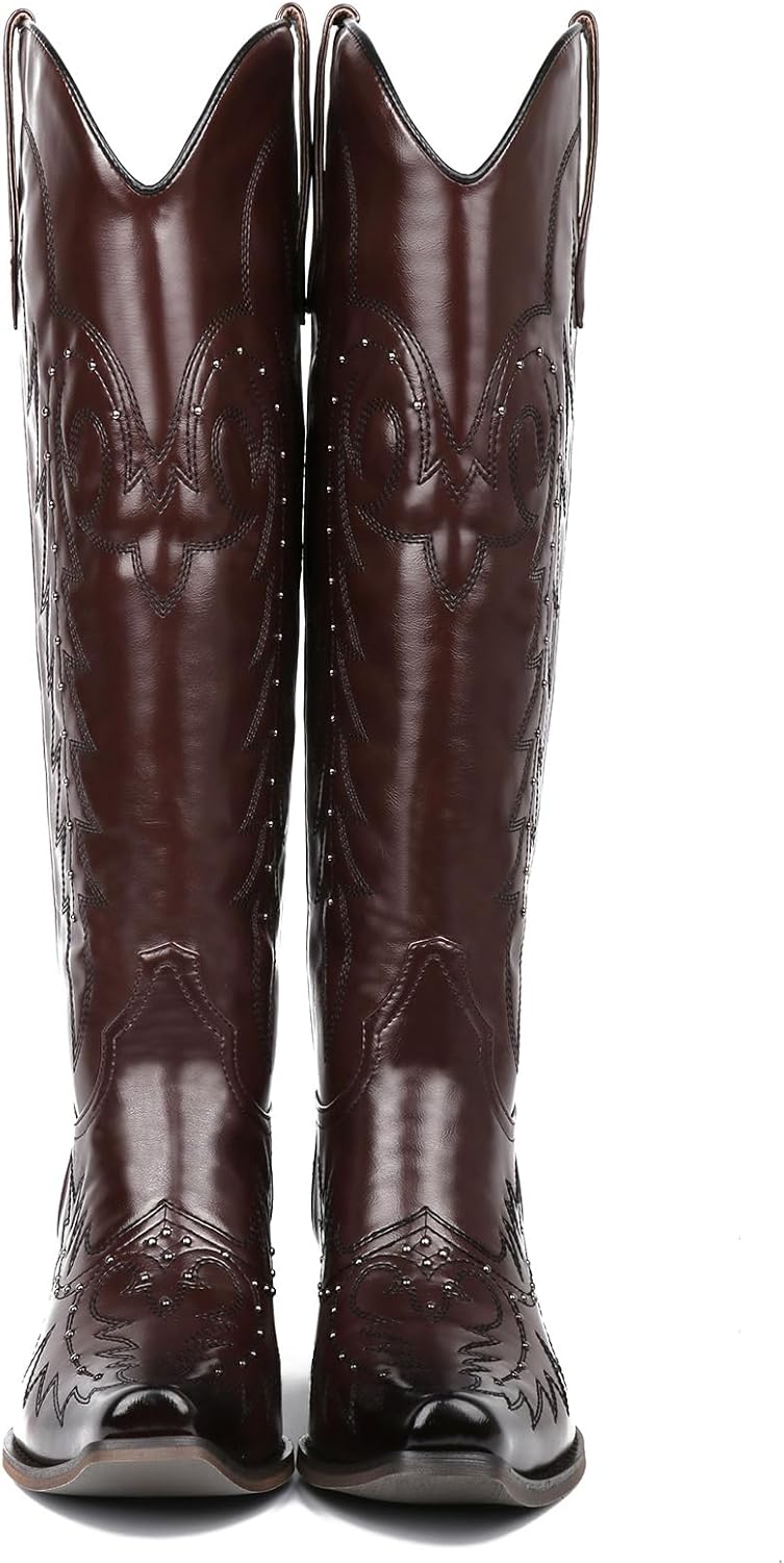 Meefit Embroidered Cowboy Boots for Women Knee High Cowgirl Western Boots,Square Snip Toe Country Boot Tall Shoes - Image 5