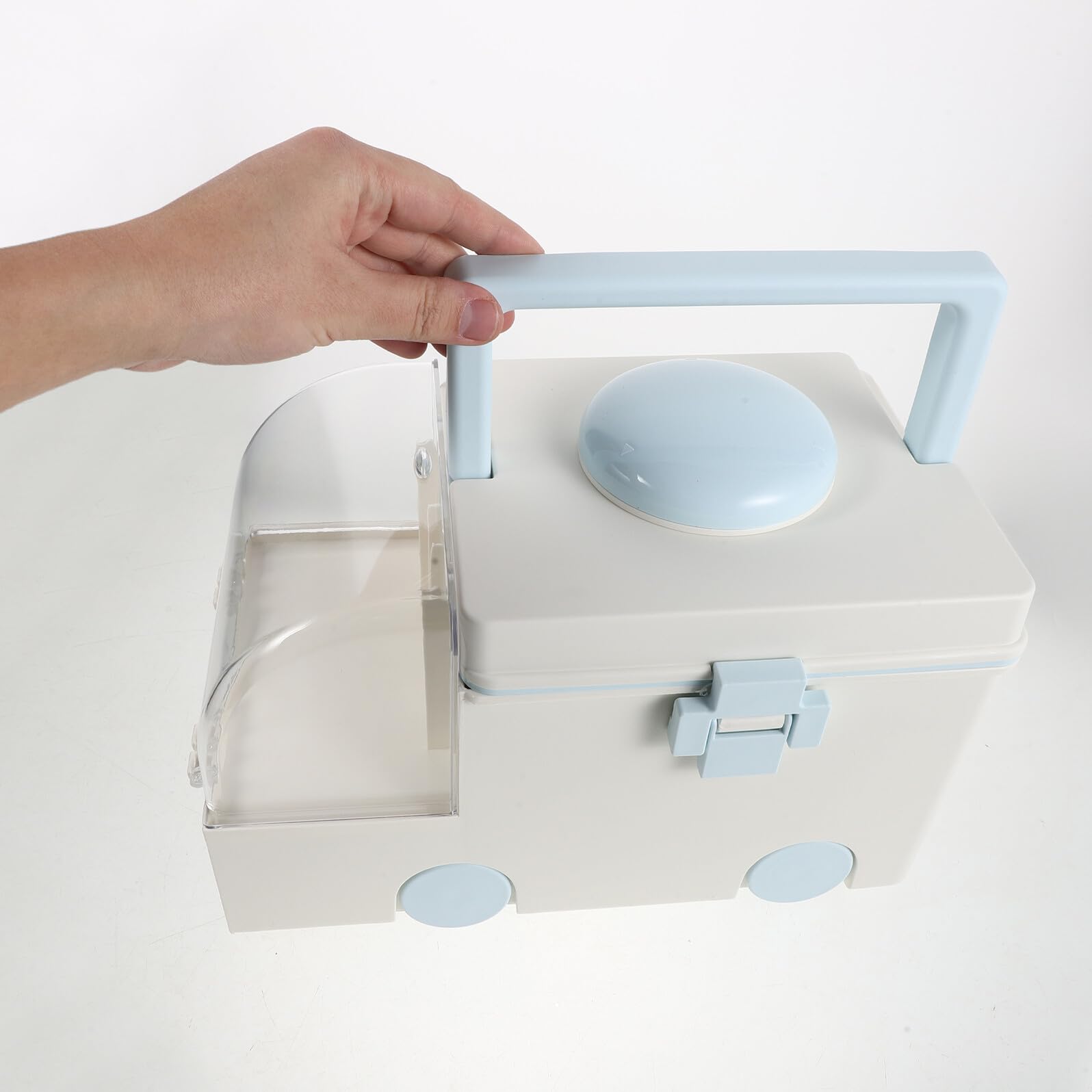 Caja Organizadora para Medicamentos de Gran Capacidad, Maletín Médico Portátil de Plástico con Asa, Compartimentos para Botiquín de Primeros Auxilios en Casa, Color Crema Azul,