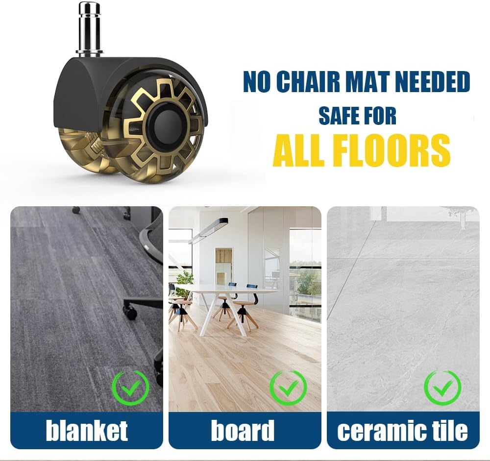 Office Chair casters,2 inch Replacement Desk Chair Wheels,Safe Quiet Rolling for Office Chair(Set of 5),Mute Rubber Rotating Desk Chair Caster Wheels, Safe for All Floors(Gold)
