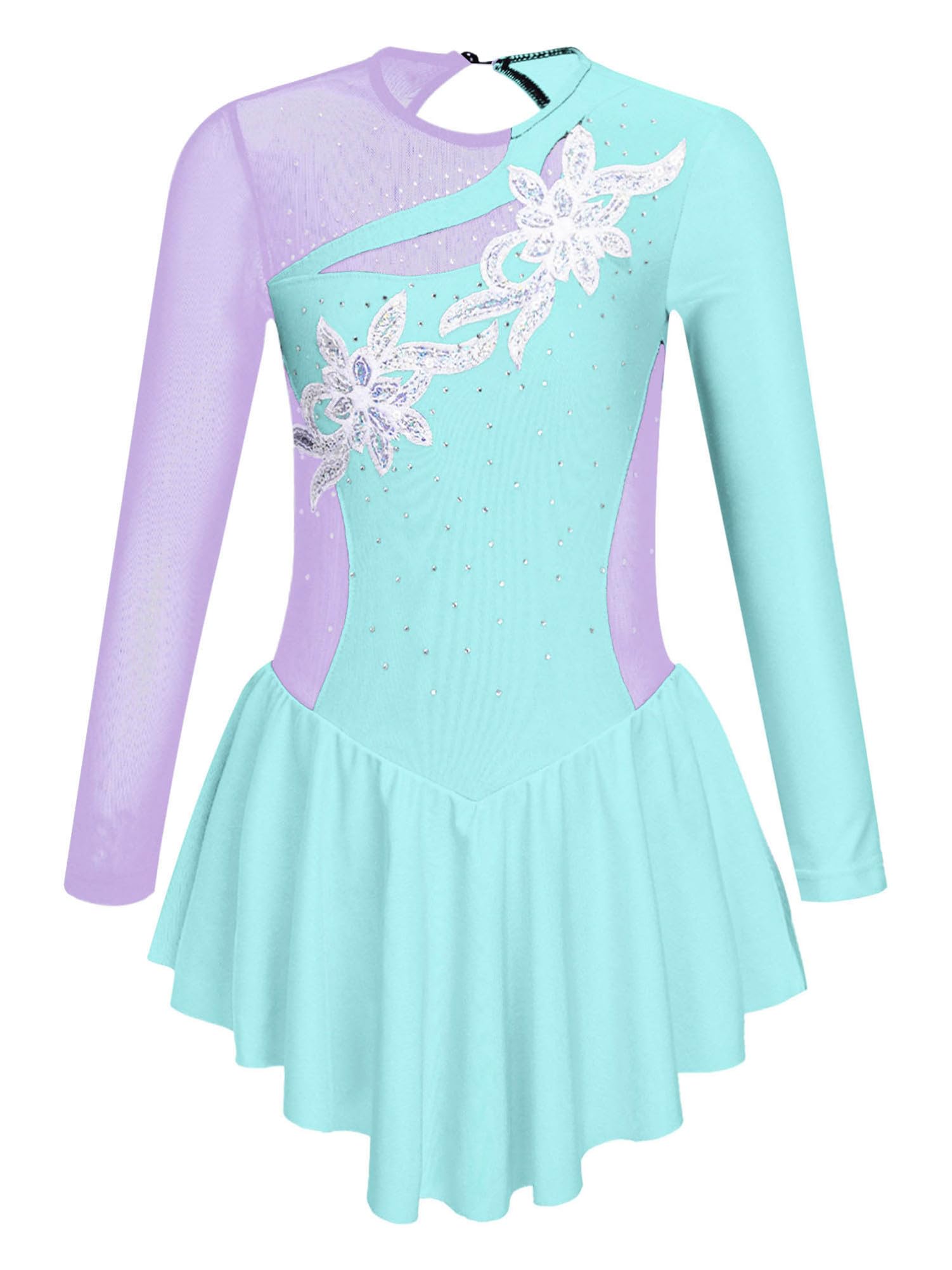 CHICTRY Kunstschaatsen jurk meisjes lange mouwen patchwork balletjurk glitter ballet tricot leotard met wikkelrok balletrok wedstrijd kostuum kleding, Royal Blauw C, 134/140 cm