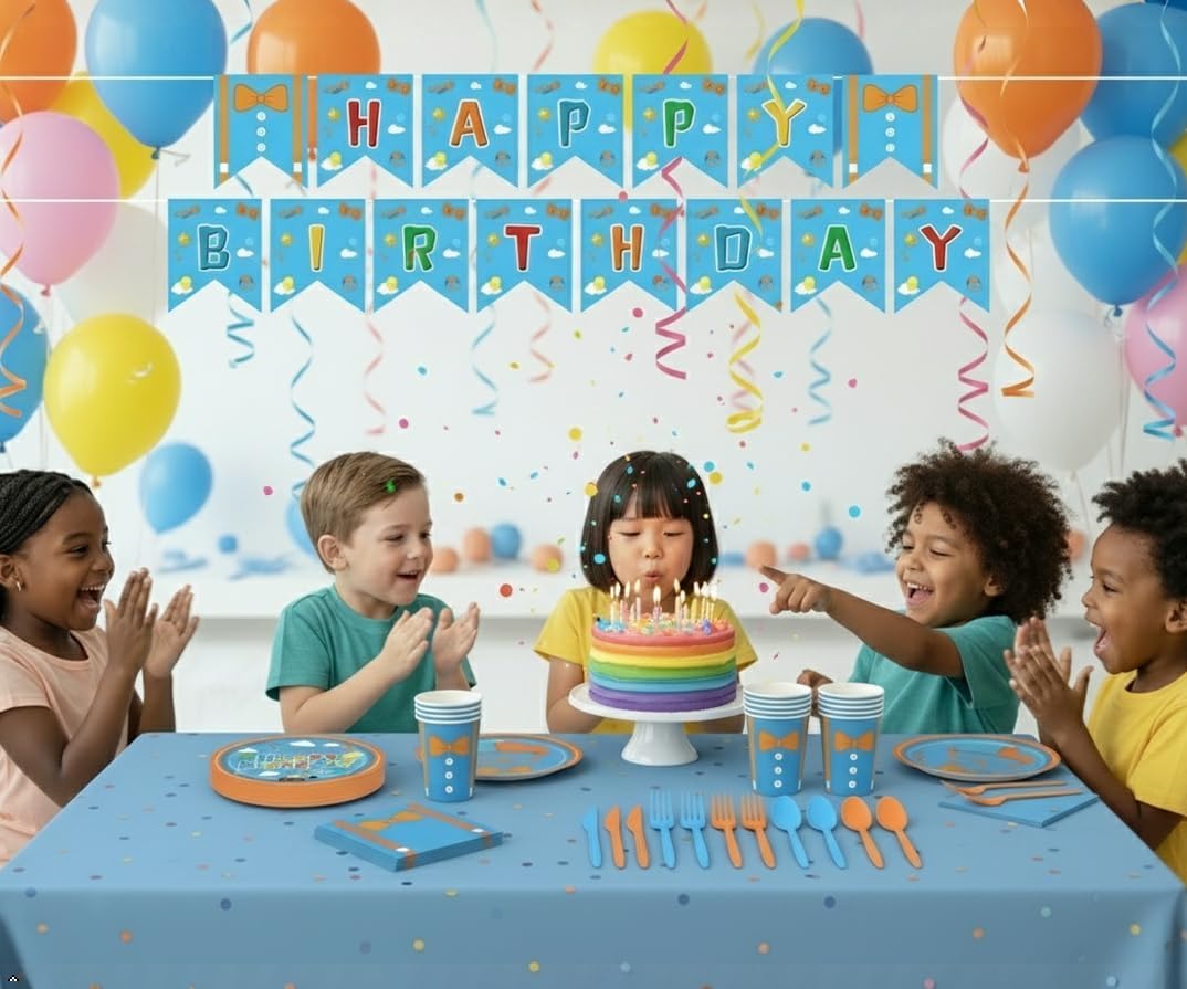 169PCS Blue Birthday Decorations Set, Party Supplies With Orange Cartoon Plate, Napkins, Banner, Paper & Disposable Tableware Set, Straws Boys & Girls Cartoon Birthday Party Favors Serve 24