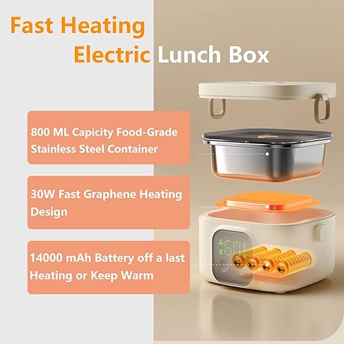Miniatura 3 de Fiambrera eléctrica inalámbrica para niños y niñas, caja Bento con termos, calentador de alimentos autocalentable recargable con recipiente SS de