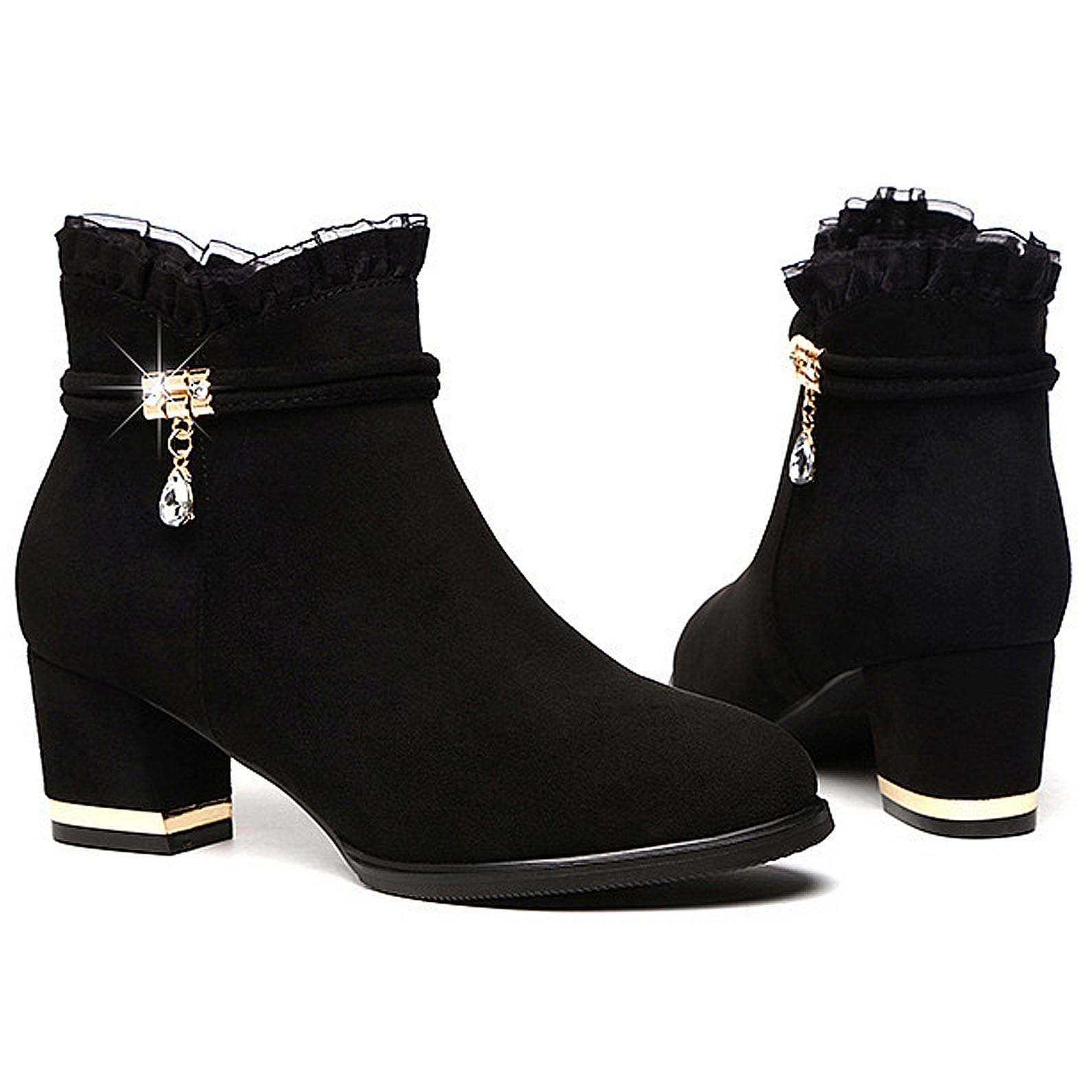 Fashion Womens Ankle Boots Chunky Block Heel Short Booties Lace Low Heeled Booties Side Zipper Round Toe Shoes