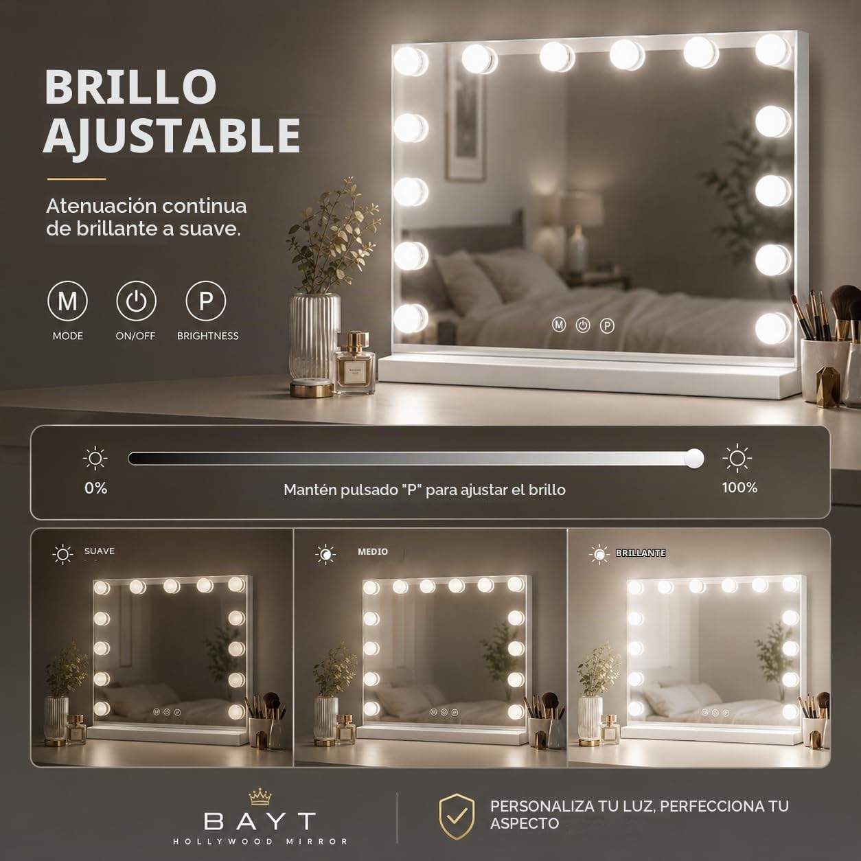 Bayt Espejo Maquillaje con Luz 80 x 60 cm, Espejo Tocador Hollywood con 18 Bombillas, Espejo con Aumento 10x, Luz Regulable