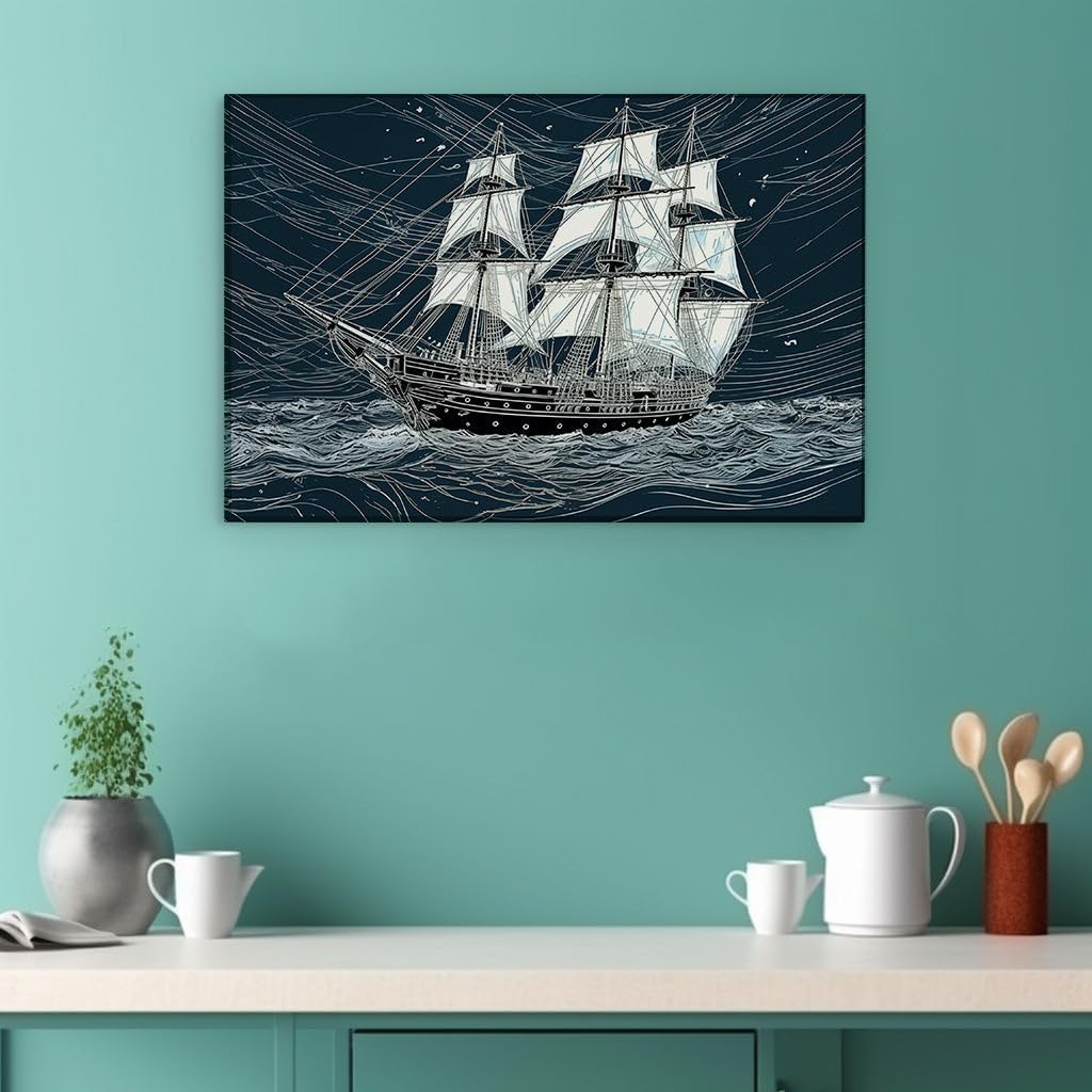 Canvas for Living room. Braving the Storm: A Journey of Sailboat and Sea in Hand-Drawn Majesty, 27 x 18 inch Canvas Wall Art - Modern Home Decor