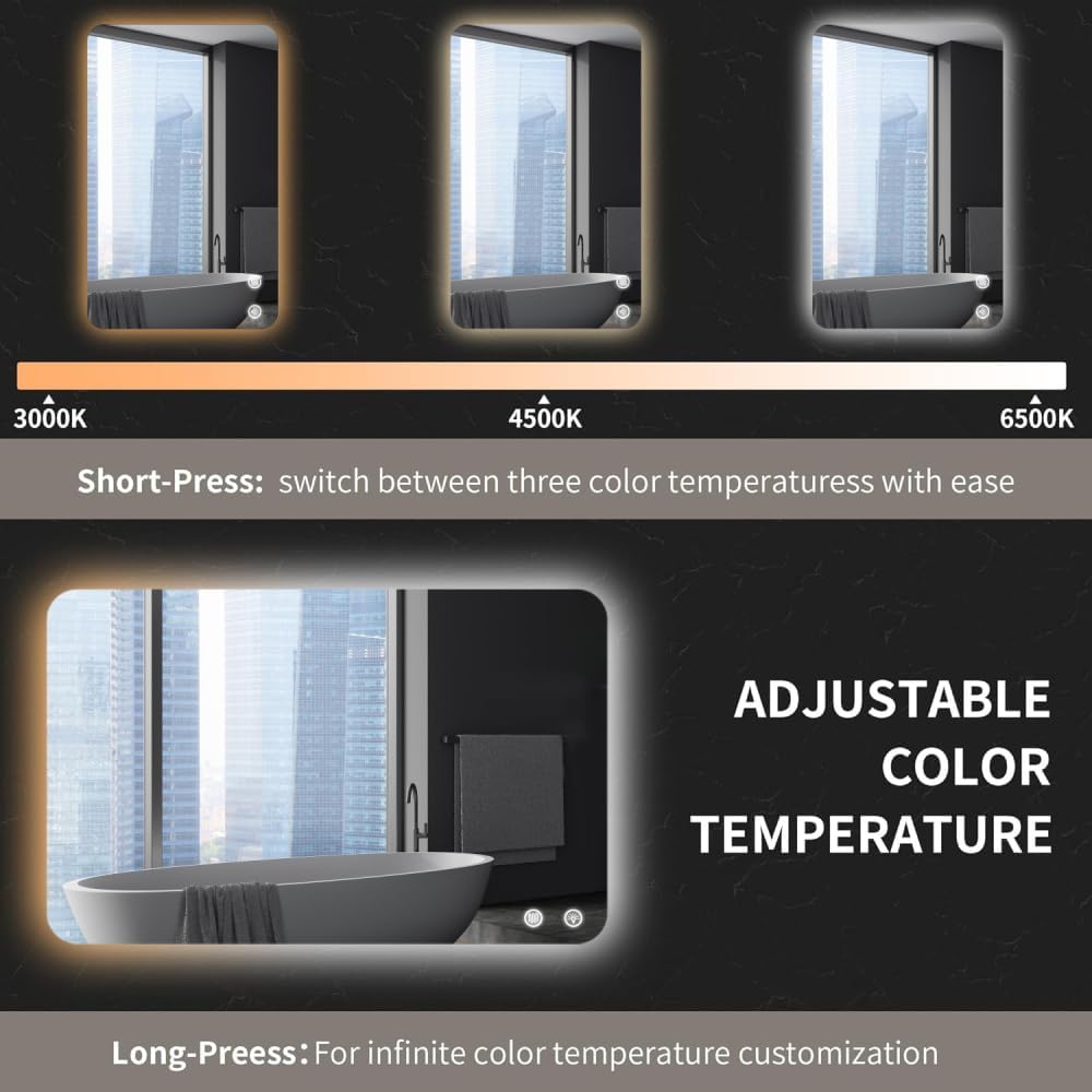 Rectangular Backlit Mirror with Adjustable LED Lighting for Bathroom Vanity Use