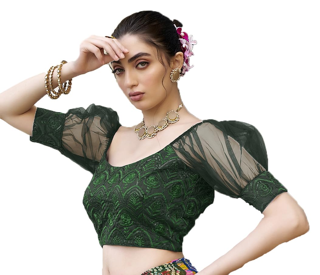 Pujia Mills Womens Net Fabrics Round Neck Puff Sleeve Blouse (Bottle Green, 34)