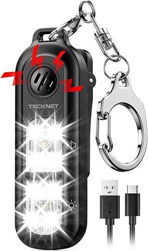 Miniatura 1 de TECKNET Linterna con clip y alarma de 130 dB 2 en 1, luz LED recargable con alerta de seguridad SOS, linterna EDC regalo para corredores, luz manos