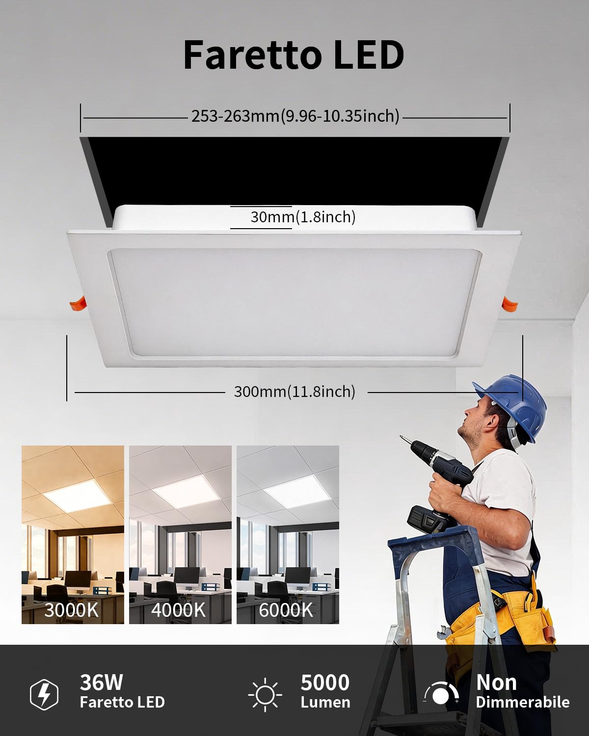 6x Faretti LED da Incasso per Cartongesso Quadrato 36W 3CCT Foro 253-263mm | Grebeam Faretti LED Soffitto 30cm, IP44 5000LM, Bianco Caldo 3000K/Bianco Neutro 4000K/Bianco Freddo 6000K, per Bagno