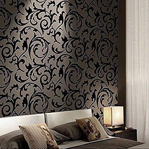 Q Qihang Black Victorian Damask/Simulation Striped Pvc Non-Pasted Living Room Tv Background Wallpaper Roll 1.73'W X 32.8'L #TOP21