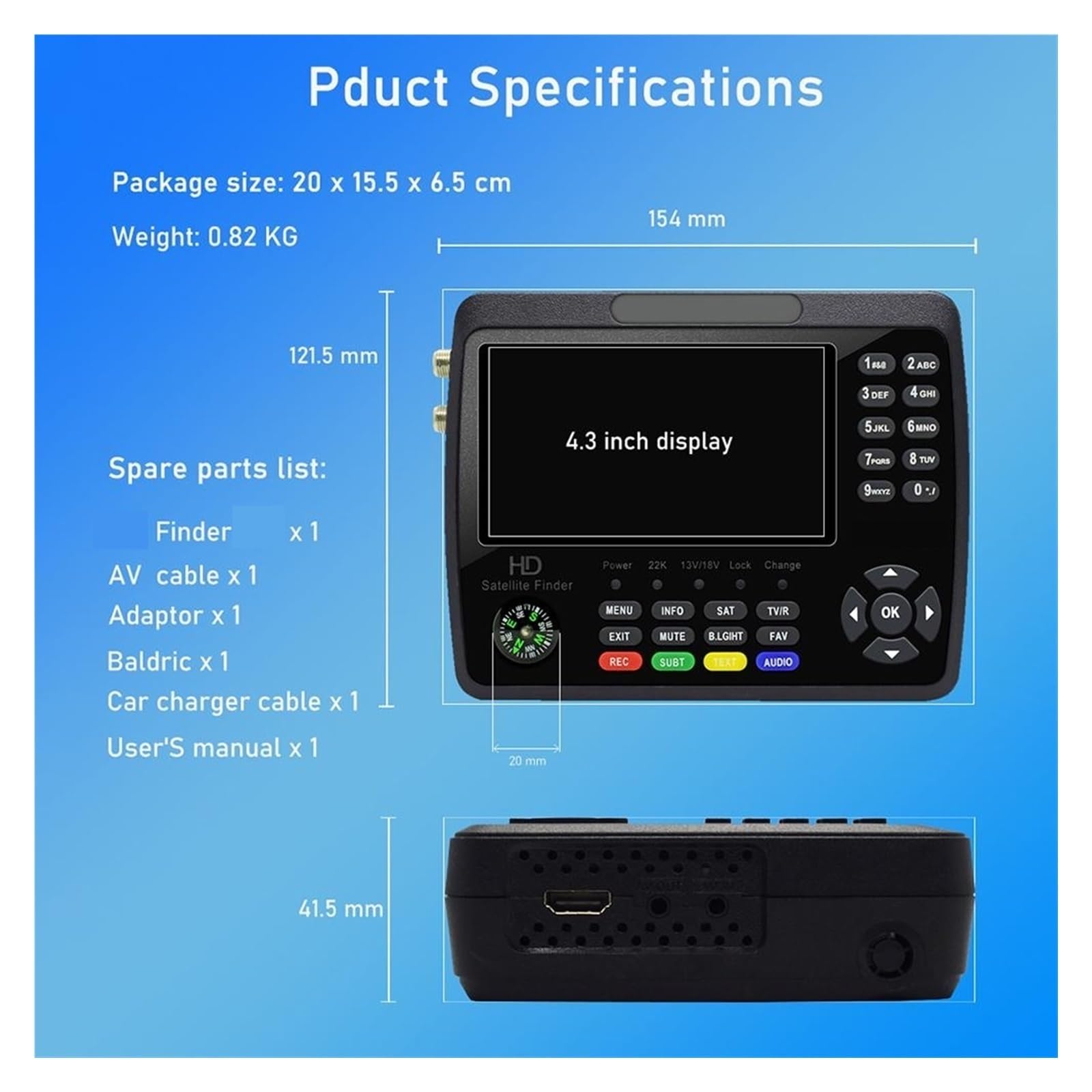 Miernik Sygnału Wizjera Satelitarnego HD 1080P 4.3 "LCD Wizjer Satelitarny H.264/H.265 10-bitowe Dekodowanie Do Regulacji Anteny Satelitarnej Szybkie Skanowanie