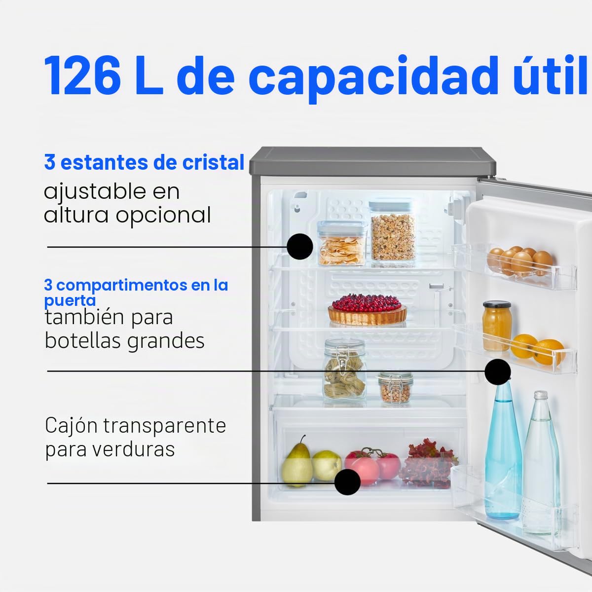 Frigorífico Bomann® sin congelador - Clase energética C - 85 cm - 5 años de garantía del compresor - Frigorífico pequeño - 0-8 °C - 35 dB de funcionamiento silencioso - 3 estantes - 126 L