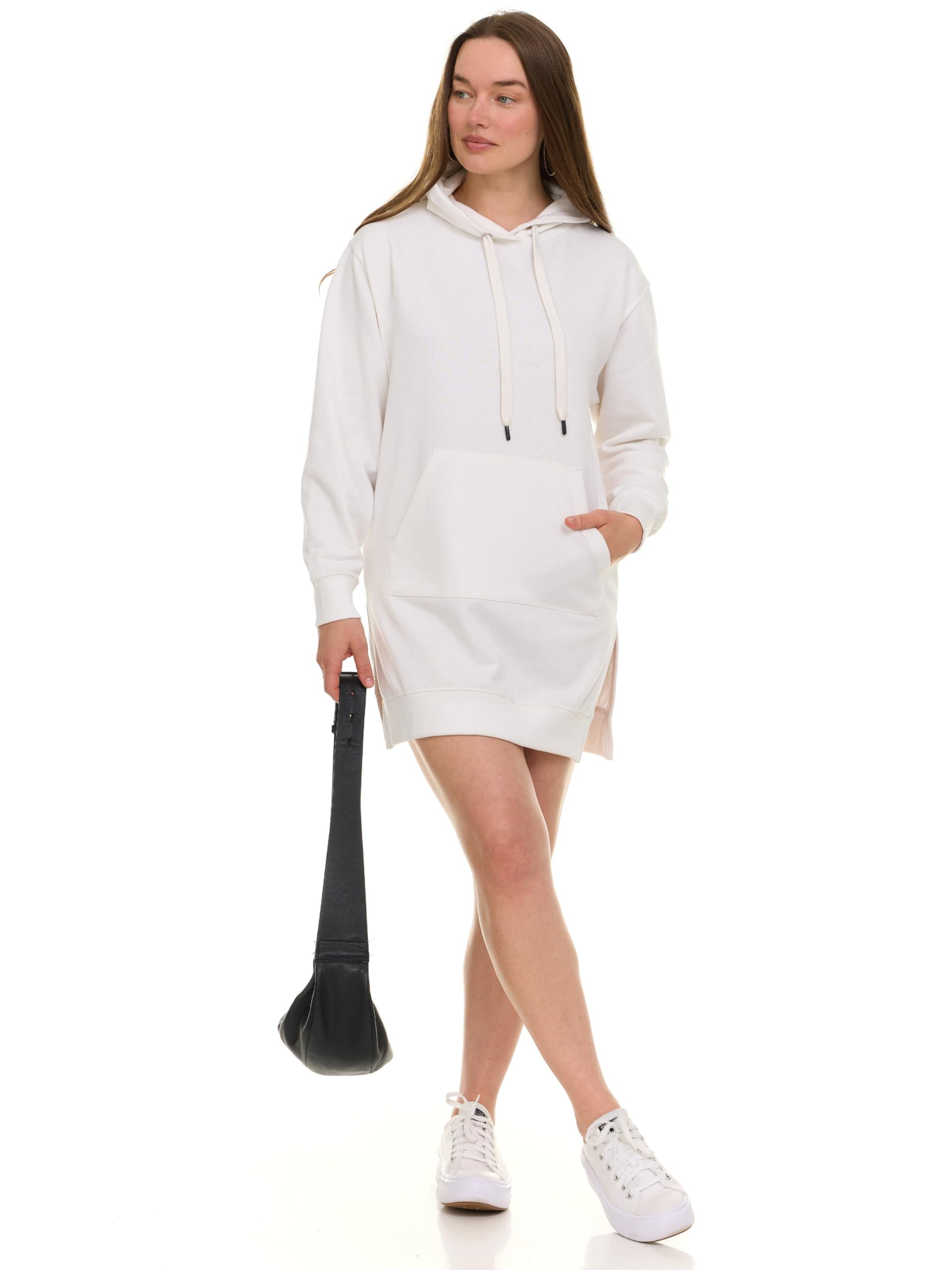 Hoodie Dress for Women – Trendy Pullover Long Fleece Oversized Sweatshirt Dresses for Women 2025 with Pockets, Split Hem White