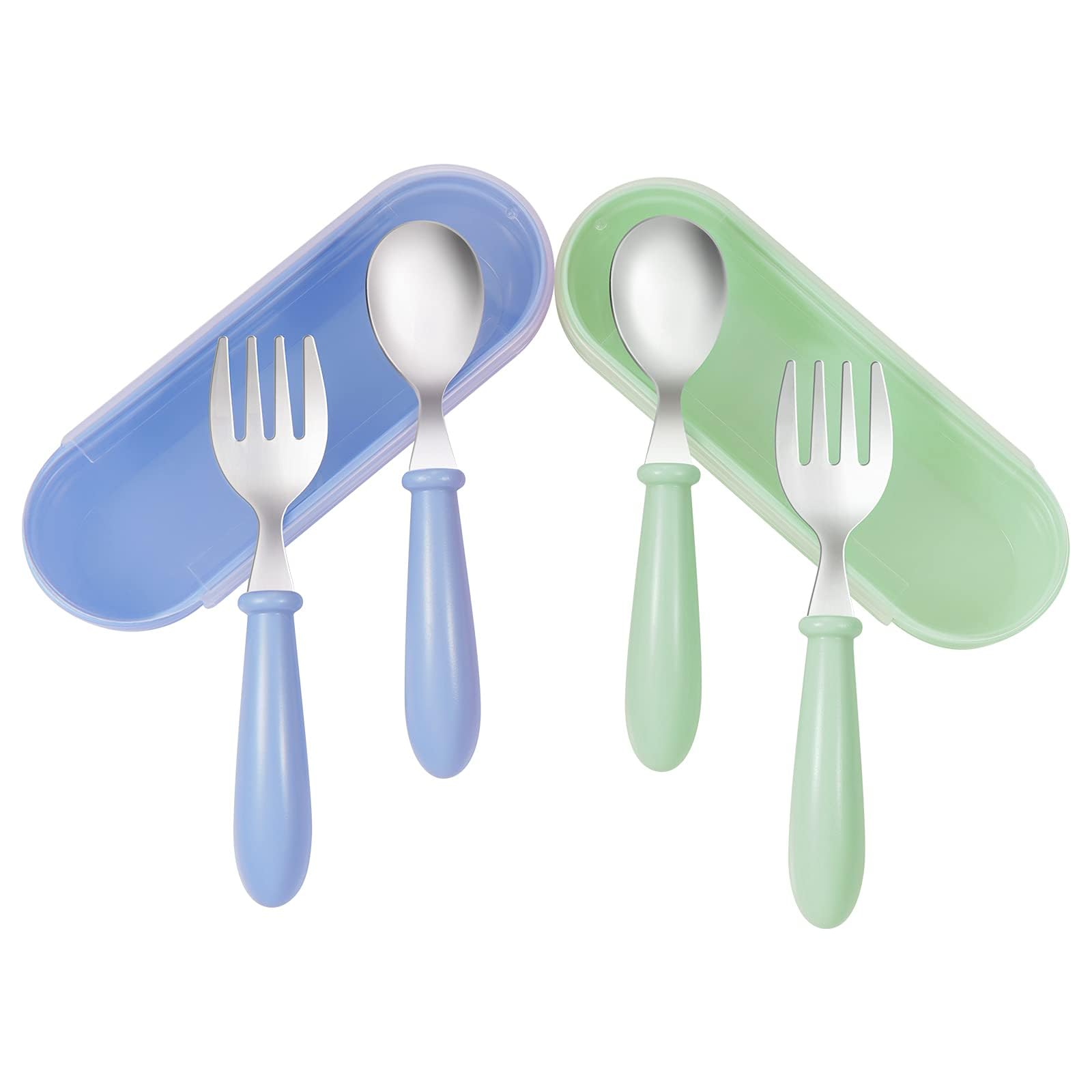 Toddler Utensils Stainless Steel Baby Forks and Spoons Silverware Set Kids Silverware Children's Flatware Kids Cutlery Set with Travel Carrying Cases, Dishwasher Safe (Blue＆Green)